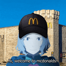 a person wearing a black mcdonald 's hat says hi welcome to mcdonald 's