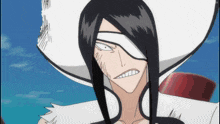 a cartoon character with long black hair and a white hat on