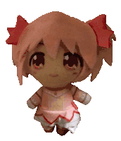 the back of a pink stuffed animal with red bows on its hair