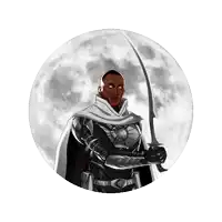 a man holding a sword in front of a full moon in a circle