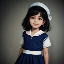 a little girl wearing a blue and white dress and a white hat