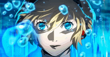 a girl with blonde hair and blue eyes looks at something