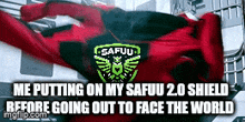 a picture of a spiderman with the caption " me putting on my safuu 2.0 shield before going out to face the world " .