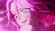 a close up of a pink haired anime girl with yellow eyes