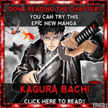 an advertisement for kagura bachi shows a man holding a sword in his right hand