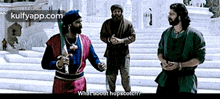 three men are standing next to each other and one of them is holding a sword and asking what about hopscotch .