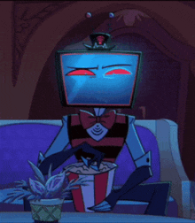 a cartoon character with a television head is sitting on a couch with a bucket of popcorn