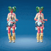a girl with green hair and red skin is standing next to another girl with green hair and red skin