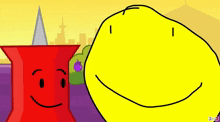 a cartoon of a red pin and a yellow ball with a smiley face