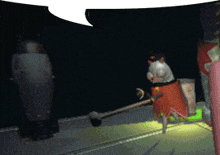a computer generated image of a cartoon character with a speech bubble behind him