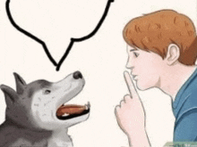 a man is talking to a husky dog with a speech bubble above it .