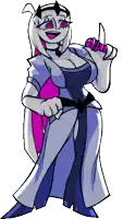 a cartoon drawing of a woman with horns holding a microphone and giving a thumbs up .