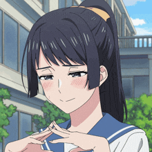 a girl with a ponytail is making a peace sign