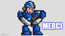 a pixel art of a robot holding a gun with the words merci written below it .