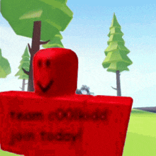 a red roblox character with the words team cool budd join today written on it