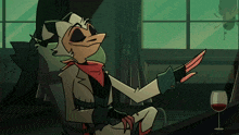 a cartoon character is sitting in a chair with a glass of wine