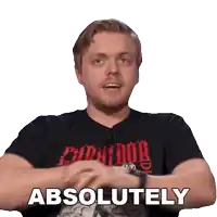 a man wearing a black shirt that says absolutely on it