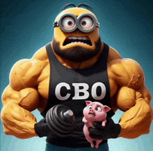 a cartoon minion is holding a dumbbell and wearing a black shirt that says cbo