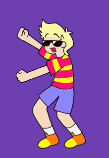 a cartoon of a boy wearing sunglasses is dancing in front of chinese writing