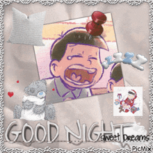 a picture of a boy with a pin on his head and the words good night sweet dreams on the bottom