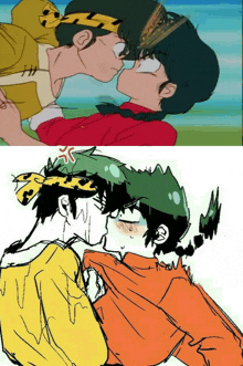 a drawing of a man and a woman kissing with an angry expression on their faces