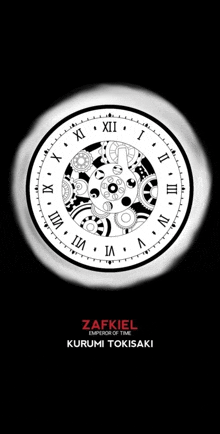 a black and white clock with roman numerals and the name zafkiel on the bottom