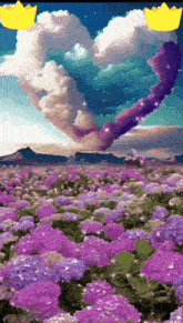 a field of purple flowers with a heart shaped cloud in the background .