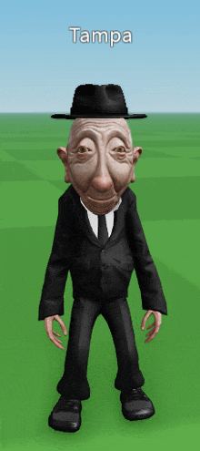 a cartoon character in a suit and hat with the name tampa on the bottom