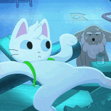 a cartoon cat is laying on a chair with a dog standing behind him