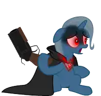 a blue pony with red eyes and a black cape holding a gun