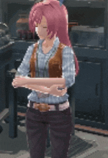 a pixel art of a girl with pink hair standing in a room .