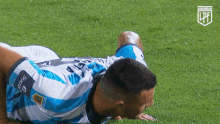 a soccer player is laying on the grass and his jersey says sucre on the armband
