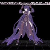 a 3d model of a girl with purple hair and the words " these rolls are sponsored by raiden mei "