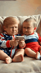 two babies dressed as donald trump and vladimir putin sit on a couch