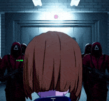a girl is standing in front of a group of soldiers with a triangle on their hoods
