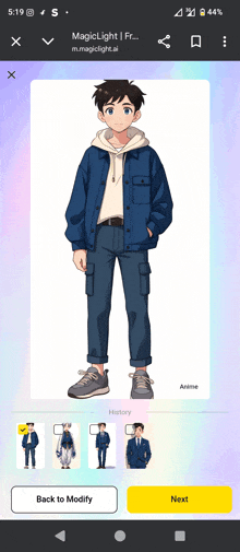 a phone screen shows a cartoon of a boy in a blue jacket and jeans
