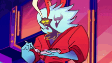 a cartoon character with a beard and horns is holding a fork and a piece of paper .