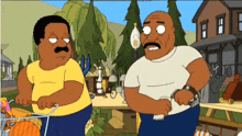 two cartoon characters are standing next to each other in front of a picnic table