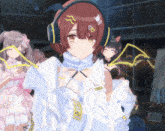 a girl wearing headphones and a white jacket with the word tokyo on it