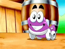 a cartoon character with a barrel behind it