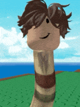 a roblox character with a long neck and brown hair is standing on top of a green field .