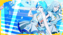 two anime girls with blue hair are standing next to each other with chinese writing on the bottom