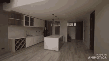 a man stands in a kitchen with the words made in animotica on the bottom