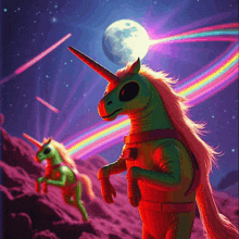 a painting of two unicorns in space with a full moon in the background