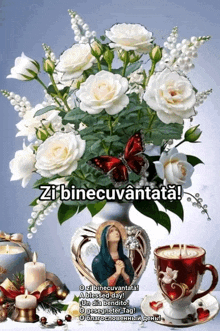 a bouquet of white roses in a vase with the words zi binecuvântata on it