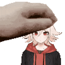 a pixel art of a girl with red eyes being pummeled by a hand .