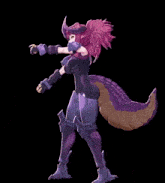 a girl with horns and a purple tail stands in front of a black background