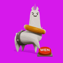 a cartoon llama is standing next to a red button that says wen on it