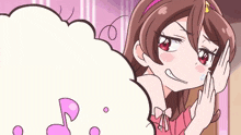 a cartoon girl with a speech bubble that says p