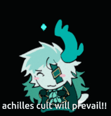 a pixel art of a cartoon character with the words achilles cult will prevail on the bottom